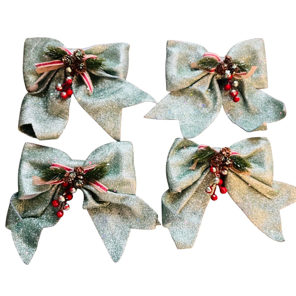 NEW Christmas Bows Glitter‎ Green Holiday Tree Wreath Decorations Set of 8